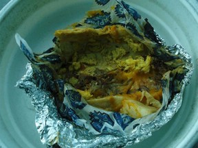 TSA shared this image of a breakfast burrito that contained a package of crystal meth found in carry-on at the Houston airport.