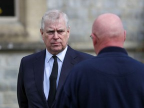 Britain's Prince Andrew attends Sunday service at the Royal Chapel of All Saints at Windsor Castle, Britain following Friday's death of his father Prince Philip at age 99, April 11, 2021.