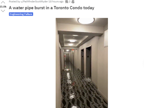 A screengrab of a video posted to Reddit of water streaming through a hallway of a condo in the Yonge and Sheppard area of Toronto.