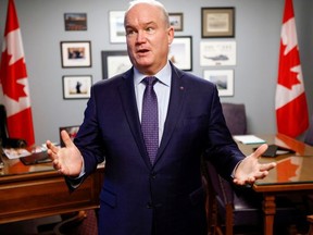 Canada's Conservative Party leader Erin O'Toole gestures as he speaks in Parliament Hill in Ottawa, Ontario, Canada November 19, 2020.