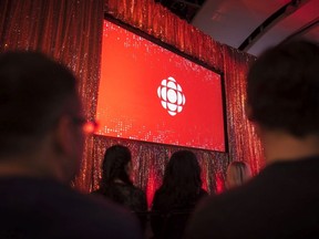 The CBC logo is projected onto a screen during the CBC's annual upfront presentation at The Mattamy Athletic Centre in Toronto, Wednesday, May 29, 2019.