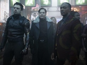Bucky Barnes/Winter Soldier (Sebastian Stan), Zemo (Daniel Bruhl) and Sam Wilson/Falcon (Anthony Mackie) in a scene from The Falcon and the Winter Soldier.