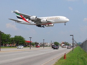 Airbus A380 overtop Airport Rd. as it lands at Toronto Pearson Airport in June 2011