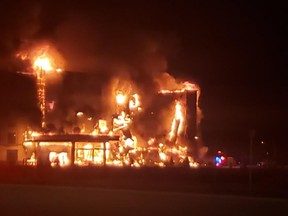 Fire rages at a hotel construction site in Bradford next to Hwy. 400 overnight Saturday.