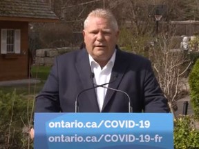 Premier Doug Ford speaks outside his home on April 22, 2021.