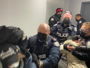 Toronto Police officers responded to a highrise at 33 Gabian Way to remove protesters who were there supporting a single father of two who was evicted from his apartment, allegedly after falling behind on his rent during the pandemic, and returned to retrieve his property on Friday, April 2, 2021.