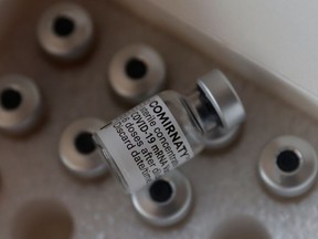 Vials of the Pfizer-BioNTech COVID-19 vaccine are seen at a doctor's general practice, in Vienna, Austria, April 30, 2021.