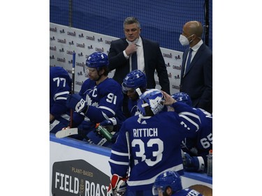 Toronto Maple Leafs Sheldon Keefe on the bench during the second period in Toronto on Thursday April 29, 2021. Jack Boland/Toronto Sun/Postmedia Network