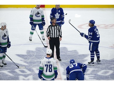 Toronto Maple Leafs Auston Matthews C (34) flipping the puck at centre ice before a face off during the third period in Toronto on Thursday April 29, 2021. Jack Boland/Toronto Sun/Postmedia Network