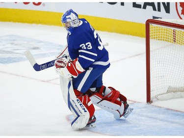 Toronto Maple Leafs David Rittich G (33) pumps his fist after winning the game in Toronto on Thursday April 29, 2021. Jack Boland/Toronto Sun/Postmedia Network