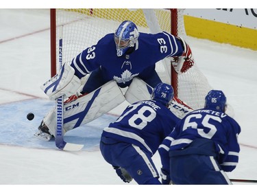 Toronto Maple Leafs David Rittich G (33) makes a toe stop on a shot during the first period in Toronto on Thursday April 29, 2021. Jack Boland/Toronto Sun/Postmedia Network