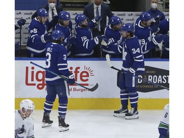 Toronto Maple Leafs Auston Matthews C (34) scores early in the second period in Toronto on Thursday April 29, 2021. Jack Boland/Toronto Sun/Postmedia Network