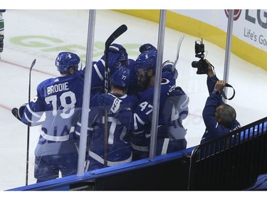 Toronto Maple Leafs Pierre Engvall LW (47) scores the third goal of the game  in the second period in Toronto on Thursday April 29, 2021. Jack Boland/Toronto Sun/Postmedia Network