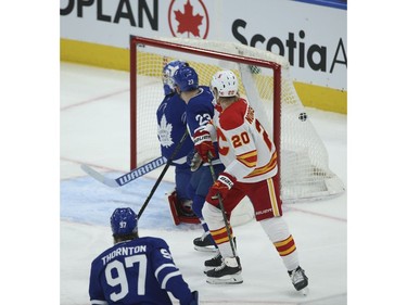 Calgary Flames Juuso Valimaki D (6) scores the first goal of the game on the second shot of the night beating Toronto Maple Leafs David Rittich G (33) during the first period in Toronto on Tuesday April 13, 2021. Jack Boland/Toronto Sun/Postmedia Network