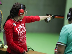 Canada’s Lynda Kiejko takes aim in air pistol qualifying round action at Deodoro Park during the 2016 Olympics in Rio de Janeiro, Brazil.