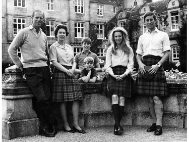 This file photo taken in 1972 shows Queen Elizabeth II with her husband Prince Philip, and her children Prince Andrew, (rear), Prince Edward, Princess Anne, and Prince Charles.