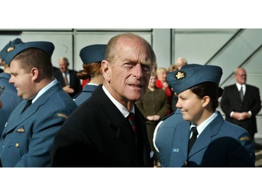 Prince Philip is met by Air Cadets as he tours the National Aviation Museum in Ottawa on Oct. 14, 2002.