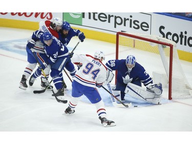 Montreal Canadiens Corey Perry LW (94) beats Toronto Maple Leafs Jack Campbell G (36) during the first period in Toronto on Wednesday April 7, 2021. Jack Boland/Toronto Sun/Postmedia Network