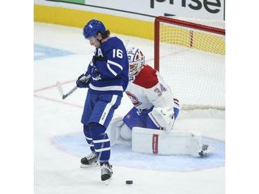 Toronto Maple Leafs Mitch Marner RW (16) just misses deflecting the puck past Montreal Canadiens Jake Allen G (34) during the second period in Toronto on Wednesday April 7, 2021. Jack Boland/Toronto Sun/Postmedia Network