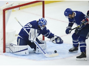 Toronto Maple Leafs Jack Campbell G (36) hops on the loose puck during the second period in Toronto on Wednesday April 7, 2021. Jack Boland/Toronto Sun/Postmedia Network