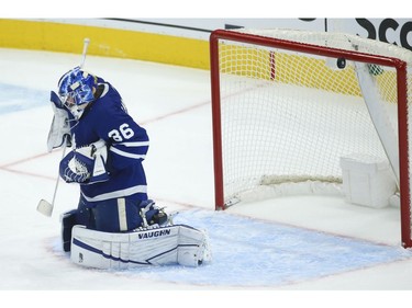 A rocket of a shot beats Toronto Maple Leafs Jack Campbell G (36) but not his best friend the crossbar during the third period in Toronto on Wednesday April 7, 2021. Jack Boland/Toronto Sun/Postmedia Network