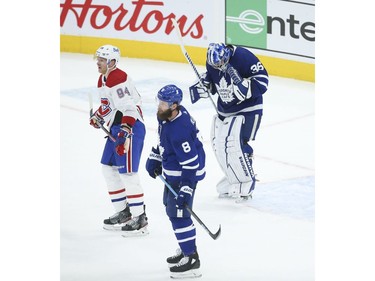 Toronto Maple Leafs Jack Campbell G (36) pumps his fists after defeating the Montreal Canadiens 3-2 in Toronto on Wednesday April 7, 2021. Jack Boland/Toronto Sun/Postmedia Network
