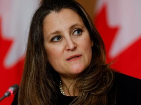 Finance Minister Chrystia Freeland takes part in a news conference in Ottawa April 20, 2021.