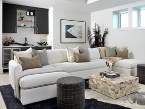 A sectional couch with an ottoman also allows for modular seating for family gatherings or friendly game nights. SUPPLIED