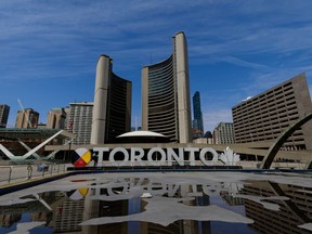 Nathan Phillips Square and Toronto City Hall is seen during the coronavirus pandemic on April 23 2020.