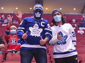 Fans take in the atmosphere prior to the game between the Montreal Canadiens and the Toronto Maple Leafs in Game Six of the First Round of the 2021 Stanley Cup Playoffs at the Bell Centre on May 29, 2021 in Montreal.