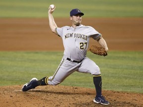 Jordan Zimmermann of the Milwaukee Brewers delivers a pitch during the seventh inning against the Miami Marlins at loanDepot park on May 07, 2021 in Miami, Florida.