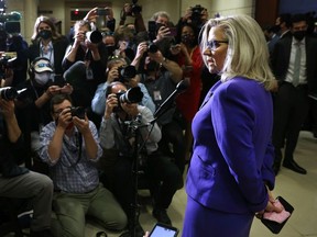 Rep. Liz Cheney (R-WY) speaks to the media after she was removed of her leadership role as Conference Chair, following a Republican House caucus meeting at the U.S. Capitol on on May 12, 2021 in Washington, DC.