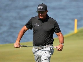 Phil Mickelson of the United States walks off the 17th green during the second round of the 2021 PGA Championship at Kiawah Island Resort's Ocean Course  in Kiawah Island, South Carolina on Friday.