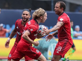 Toronto FC's Jacob Shaffelburg celebrates his goal with teammates during the second half against New York City on Saturday.