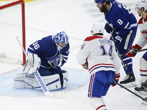 Goaltender Jack Campbell makes a save against the Canadiens during a game this season. Campbell and the Maple Leafs take on Montreal in the first round of the playoffs, starting Thursday.