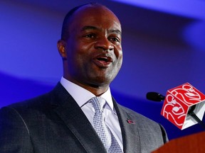 DeMaurice Smith, Executive Director of the National Football League Players Association, speaks during an NFLPA press conference prior to Super Bowl XLVIII on January 30, 2014 in New York City.