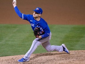 Jays pitcher Ty Tice is pictured during a game against the  Oakland Athletics on  May 4, 2021 in Oakland, Calif.