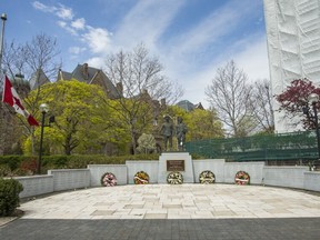 Five wreaths were left at the Queen's Park police memorial during a largely virtual ceremony to mark the 22nd Annual Ceremony of Remembrance for Ontario's fallen police officers on May 2, 2021.