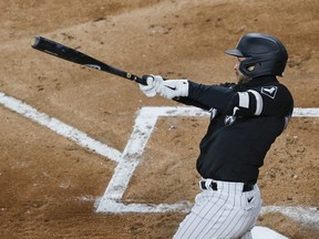 White Sox second baseman Nick Madrigal lashes out another single in an April 14 game against the Cleveland Indians.