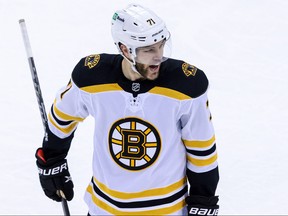 Boston Bruins left wing Taylor Hall (71) reacts after his goal against the New Jersey Devils this season.