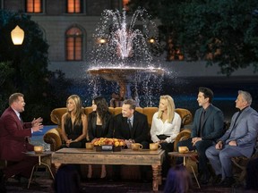 Friends Reunion Special - Photography by Terence Patrick. James Corden (far left) hosts the Friends reunion, featuring from left: Jennifer Aniston, Courteney Cox, Matthew Perry, Lisa Kudrow, David Schwimmer and Matt LeBlanc.