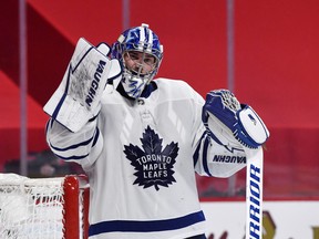 Maple Leafs goalie Jack Campbell takes a breather during the second period against the Montreal Canadiens in Game 4 at the Bell Centre.