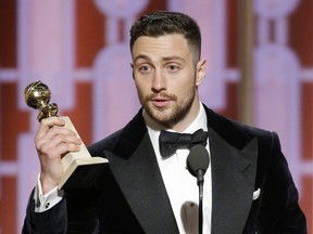In this handout photo provided by NBCUniversal, Aaron Taylor-Johnson accepts the award for Best Supporting Actor In A Motion Picture for his role in "Nocturnal Animals" during the 74th Annual Golden Globe Awards at The Beverly Hilton Hotel on January 8, 2017 in Beverly Hills, California.