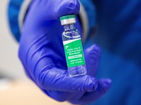 A vial of some of the first 500,000 of the AstraZeneca vaccine doses that arrived in Canada a facility in Milton, Ont., March 3, 2021.