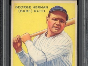 A 1933 Goudey Babe Ruth baseball card from the collection of Dr. Thomas Newman is seen in an undated photo ahead of an online auction by Memory Lane Auctions.