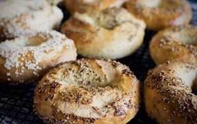 Montreal style bagels on a baking rack