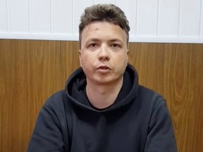 Belarusian blogger Roman Protasevich, detained when a Ryanair plane was forced to land in Minsk, is seen in a pre-trial detention facility in Minsk, Belarus May 24, 2021 in this still image taken from video.