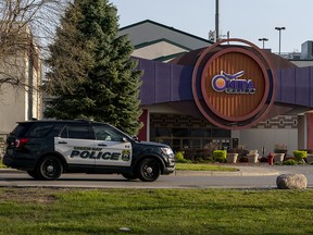A Green Bay Police officer drives by the casino on May 2, 2021 in Green Bay, Wisconsin.