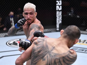 In this handout image provided by UFC, Charles Oliveira punches Tony Ferguson in their lightweight bout during UFC 256 at UFC APEX on December 12, 2020 in Las Vegas.