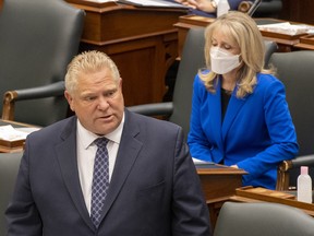 Premier Doug Ford answers questions at Queen’s Park in Toronto on Wednesday, May 5, 2021.